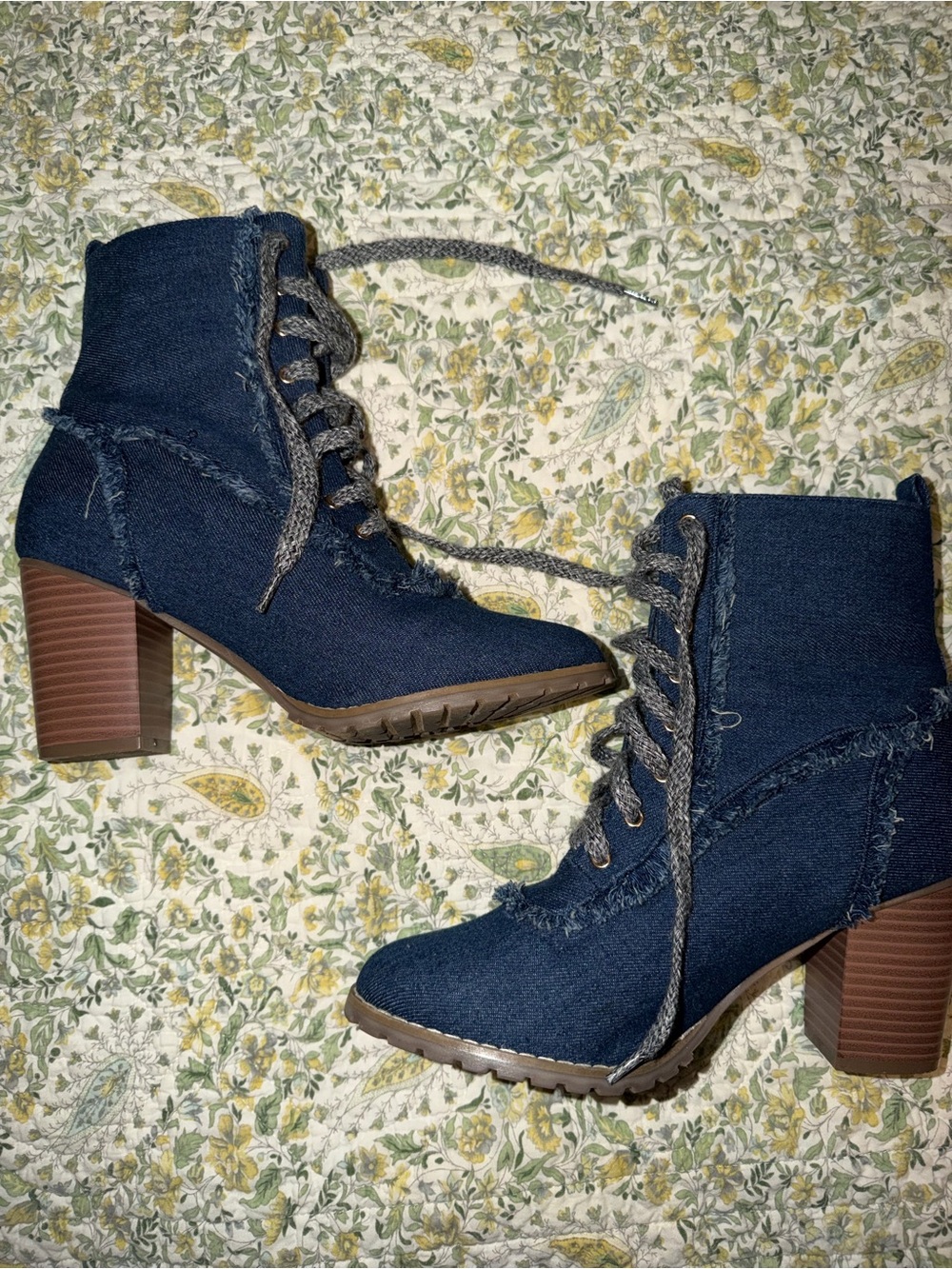 Denim Lace-Up Block Heel Ankle Boots - Blue